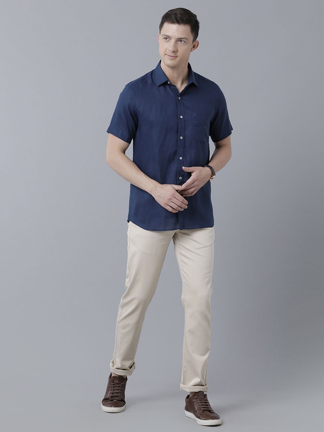 Linen Club Studio Men's Pure Linen Blue Solid Regular Fit Half Sleeve Casual Shirt