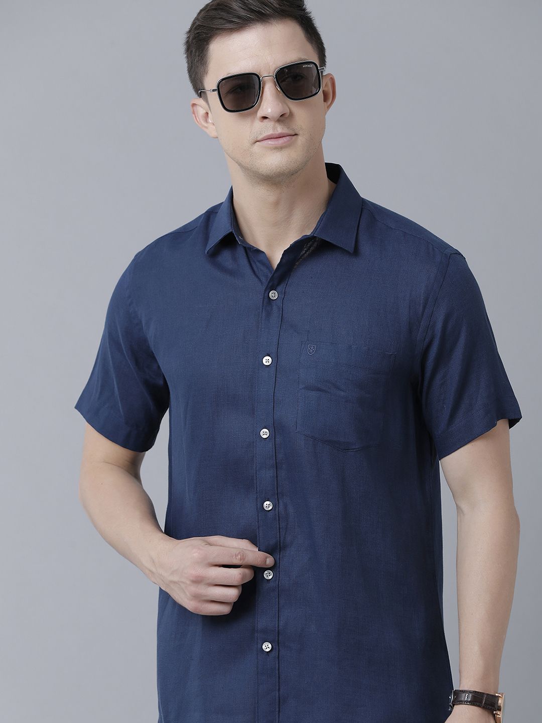 Linen Club Studio Men's Pure Linen Blue Solid Regular Fit Half Sleeve Casual Shirt