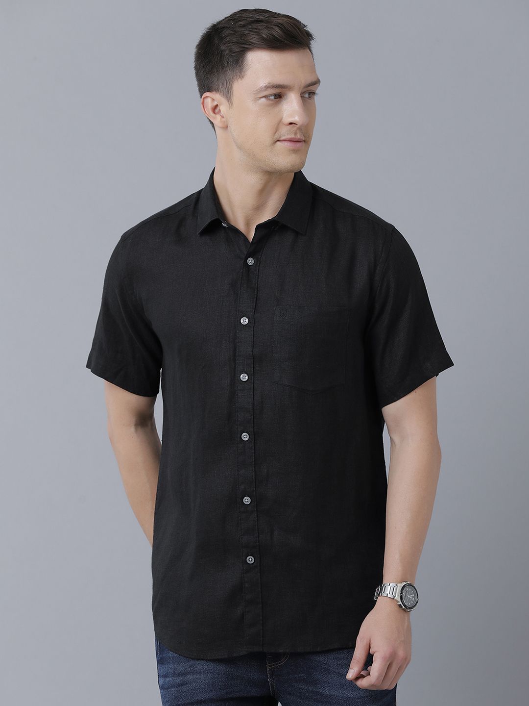 Linen Club Studio Men's Pure Linen Black Solid Regular Fit Half Sleeve Casual Shirt