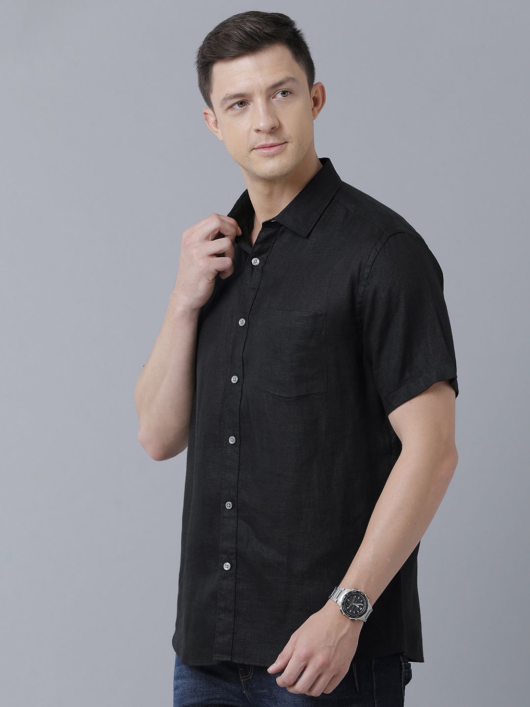 Linen Club Studio Men's Pure Linen Black Solid Regular Fit Half Sleeve Casual Shirt