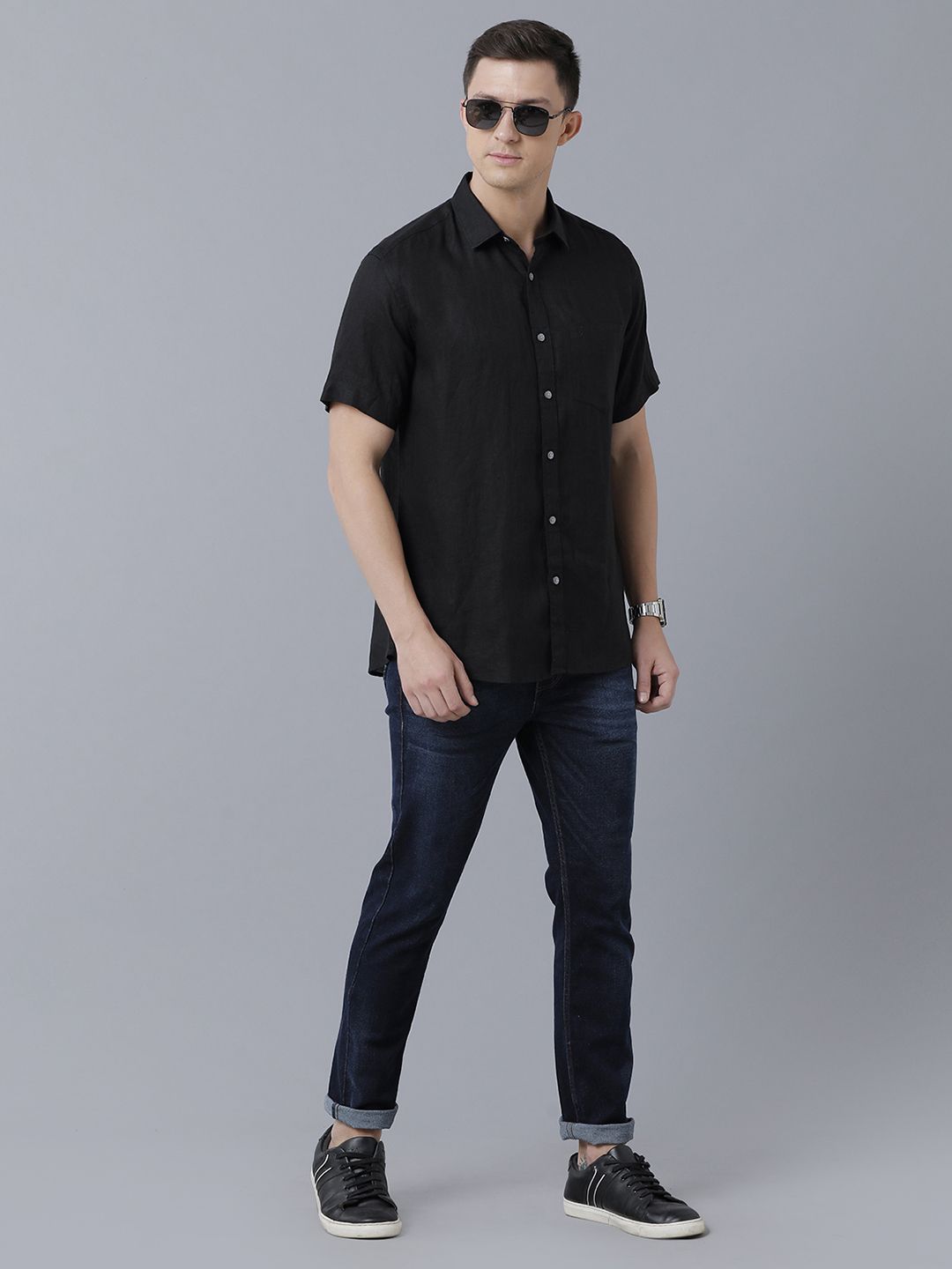 Linen Club Studio Men's Pure Linen Black Solid Regular Fit Half Sleeve Casual Shirt