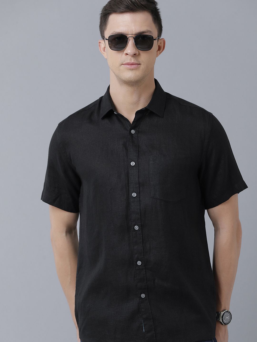 Linen Club Studio Men's Pure Linen Black Solid Regular Fit Half Sleeve Casual Shirt