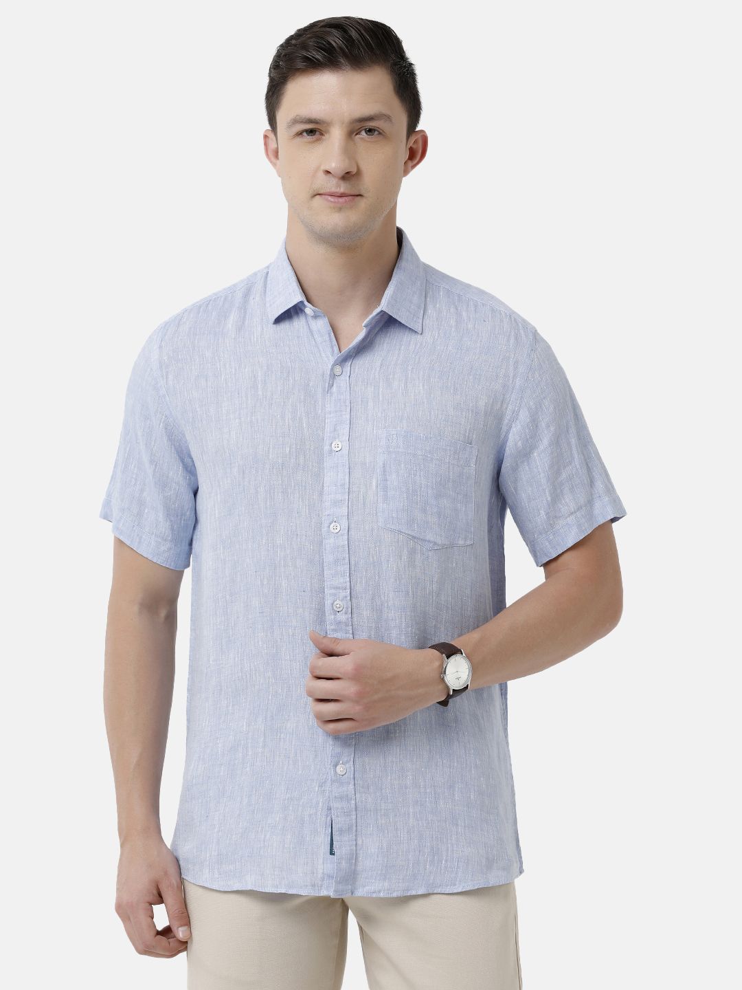 Men's Pure Linen Blue Solid Contemporary Fit Half Sleeve Sleeve Casual Shirt