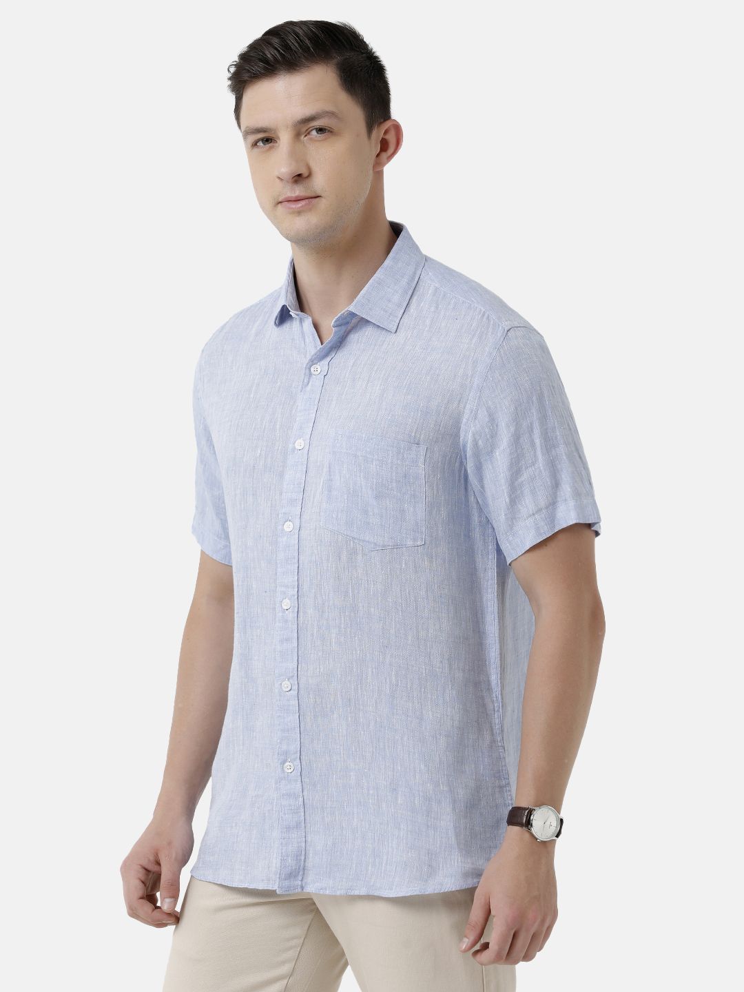 Men's Pure Linen Blue Solid Contemporary Fit Half Sleeve Sleeve Casual Shirt