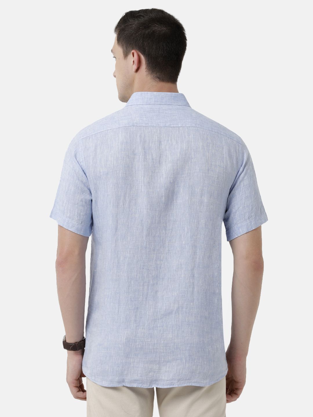 Men's Pure Linen Blue Solid Contemporary Fit Half Sleeve Sleeve Casual Shirt