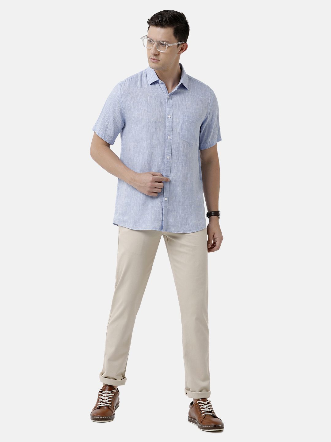 Men's Pure Linen Blue Solid Contemporary Fit Half Sleeve Sleeve Casual Shirt