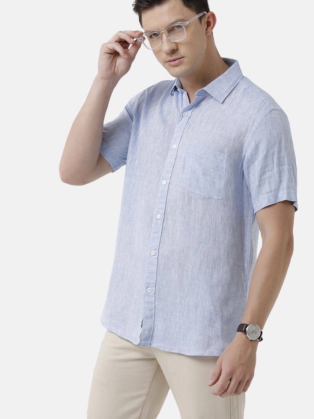 Men's Pure Linen Blue Solid Contemporary Fit Half Sleeve Sleeve Casual Shirt