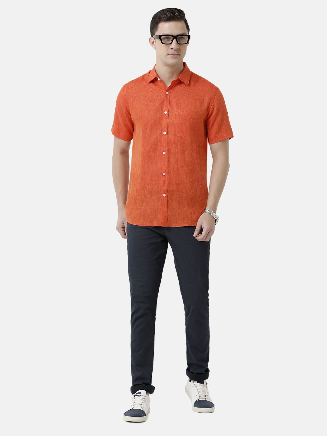 Men's Pure Linen Red Solid Contemporary Fit Half Sleeve Sleeve Casual Shirt