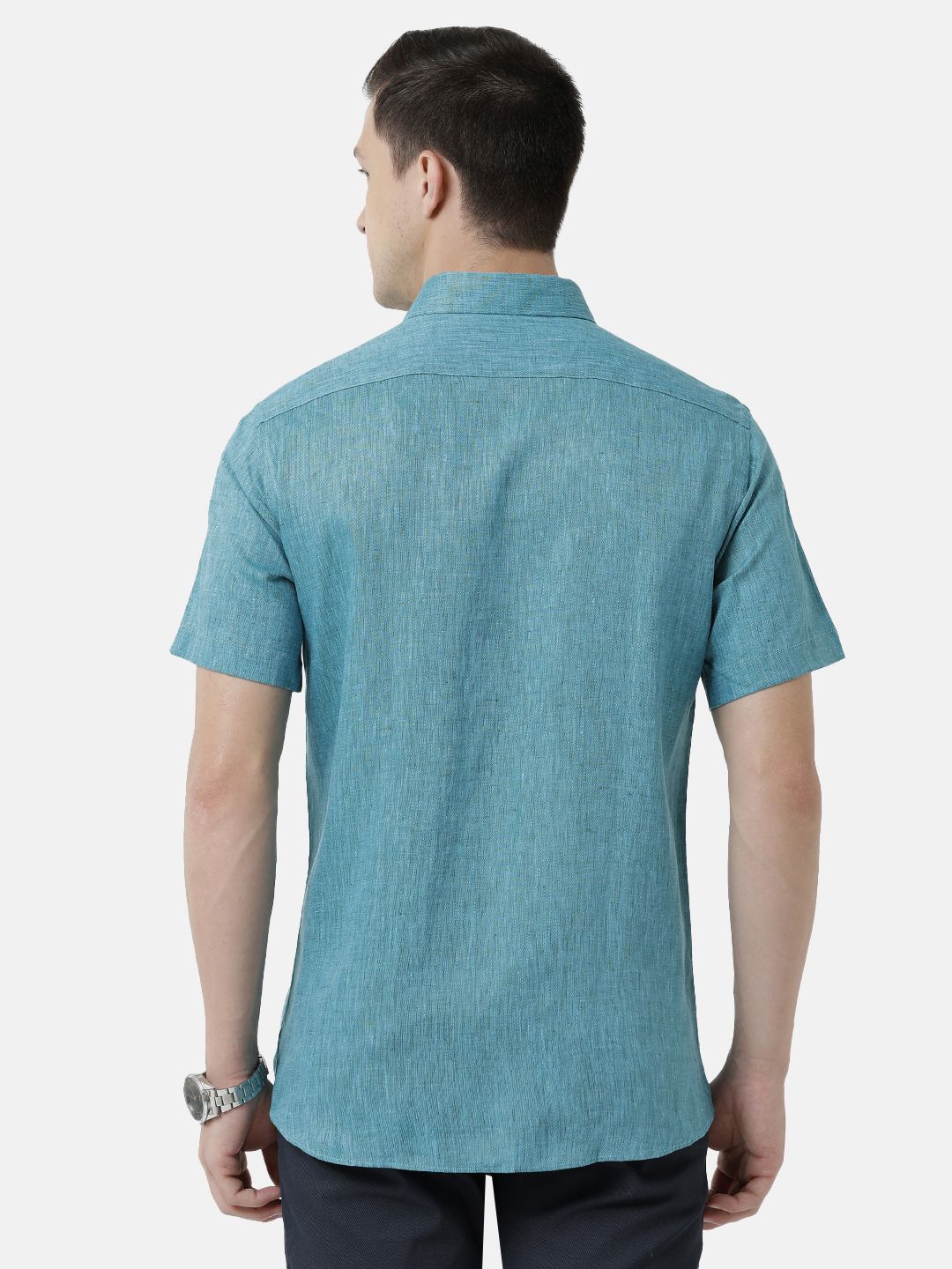 Men's Pure Linen Turquoise Blue Solid Contemporary Fit Half Sleeve Sleeve Casual Shirt