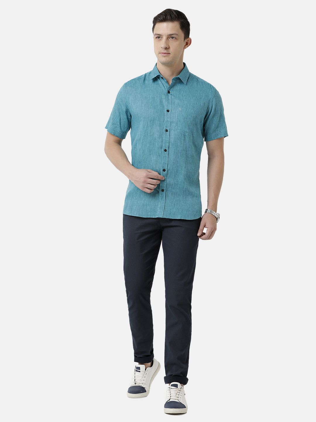 Men's Pure Linen Turquoise Blue Solid Contemporary Fit Half Sleeve Sleeve Casual Shirt
