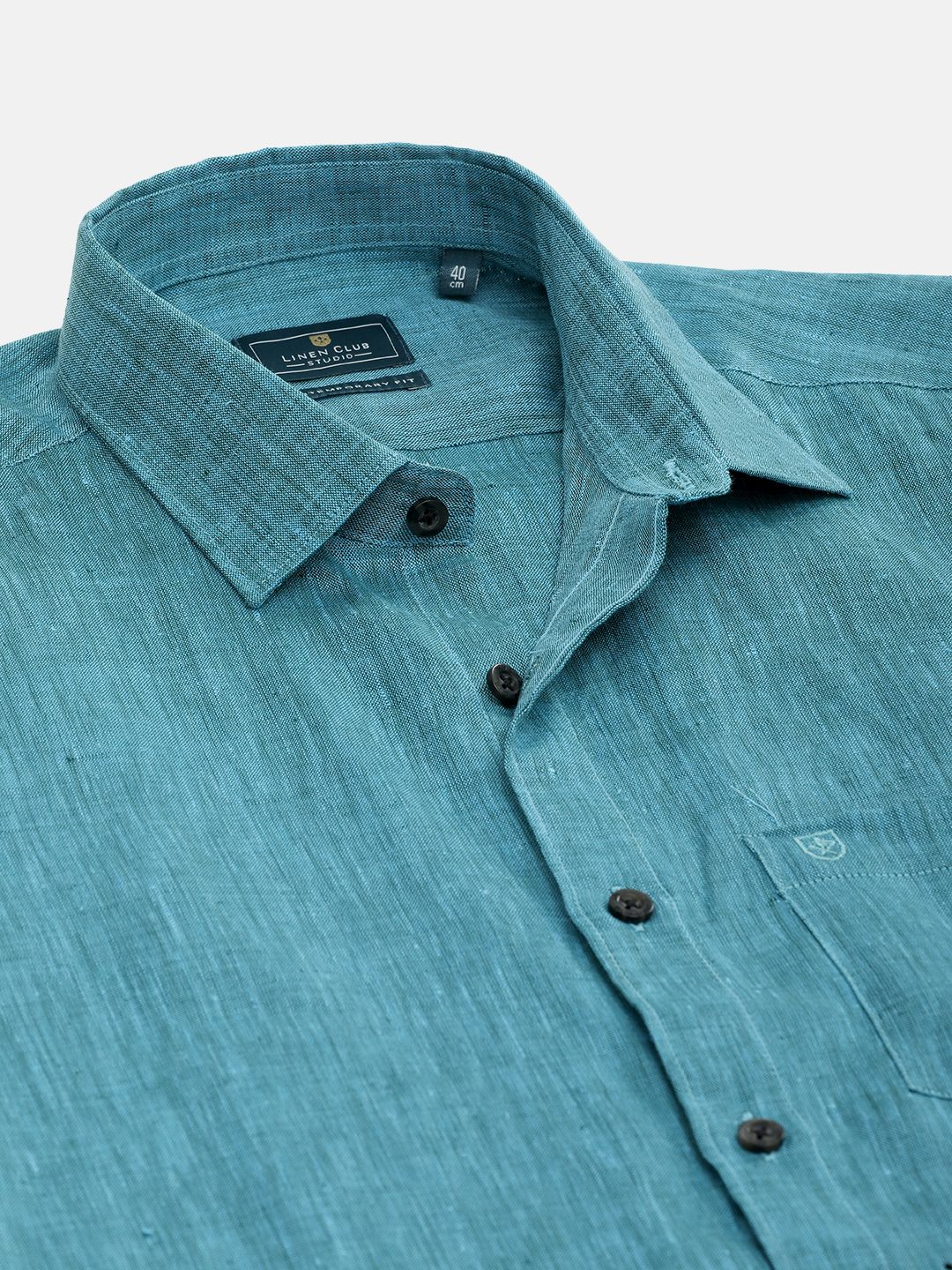 Men's Pure Linen Turquoise Blue Solid Contemporary Fit Half Sleeve Sleeve Casual Shirt