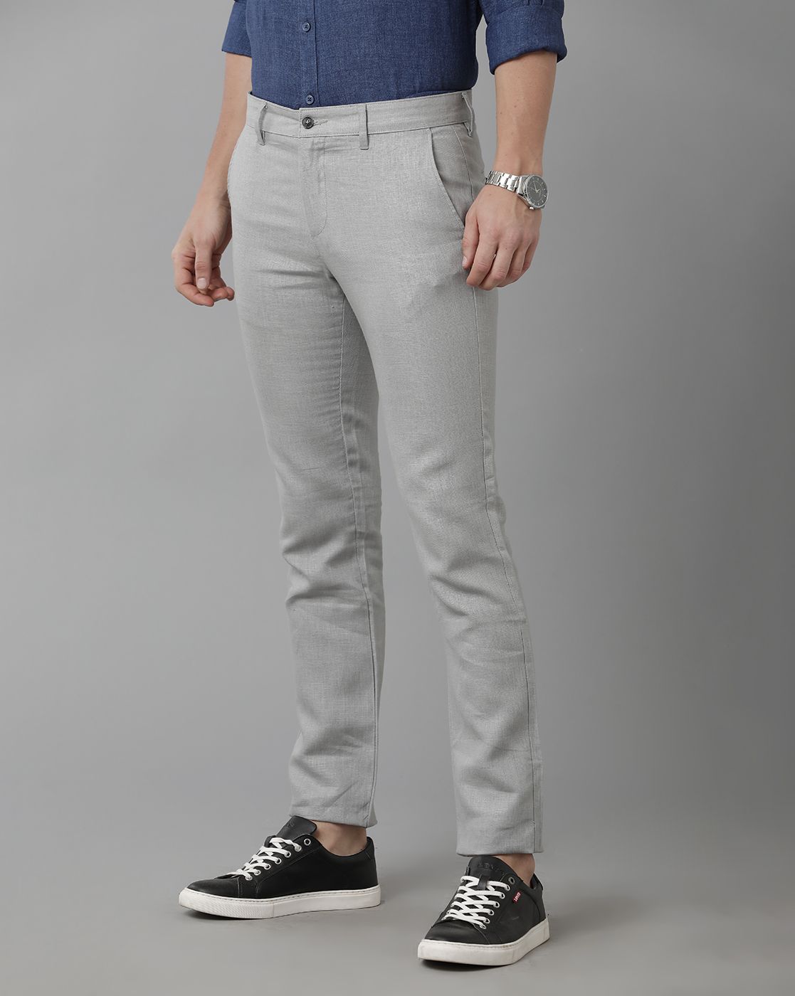 Mens Linen Grey Solid Contemporary Fit Casual Trousers