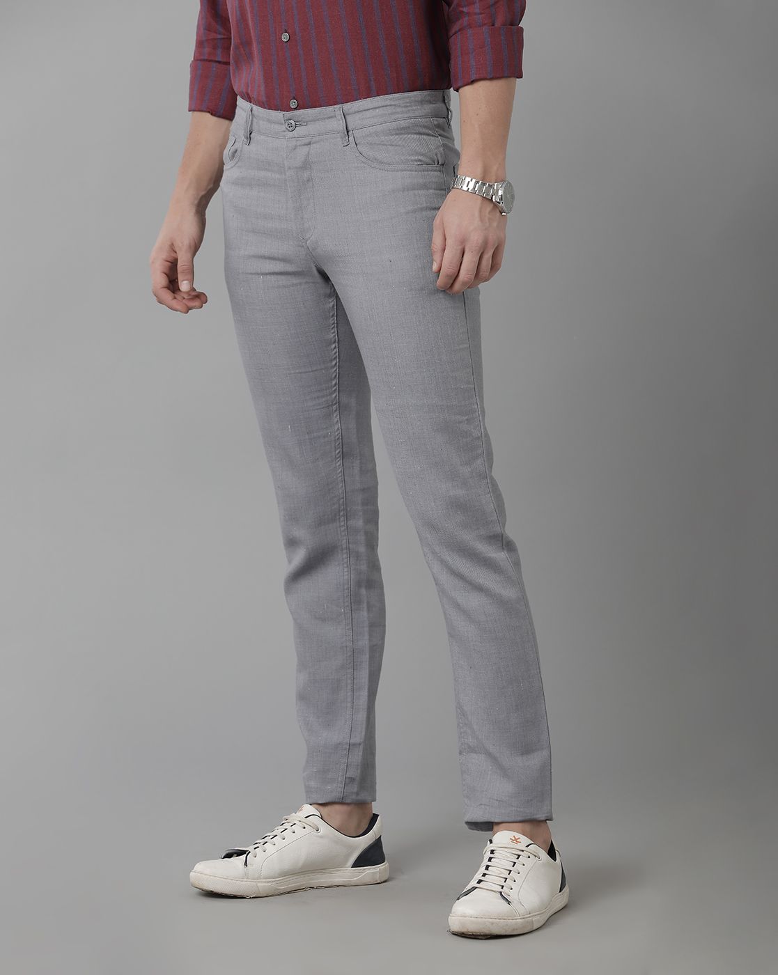 Linen Club Studio Men's Linen Grey Solid Mid-Rise Slim Fit Trouser