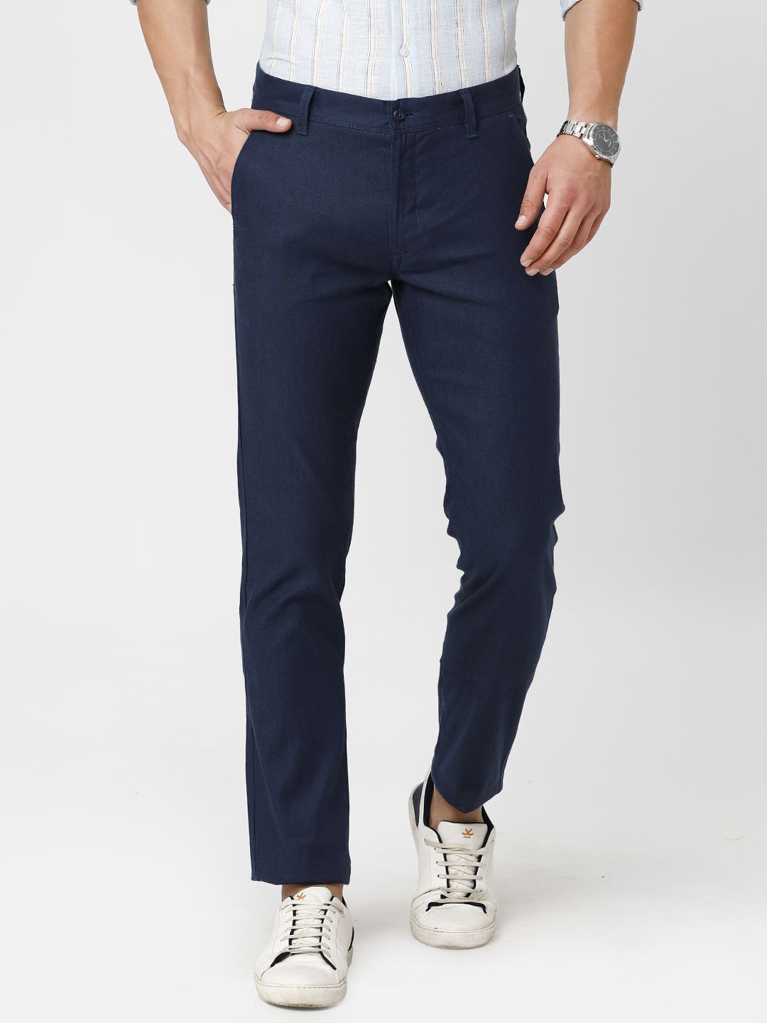 Linen Club Studio Men's Linen Blue Solid Mid-Rise Slim Fit Trouser