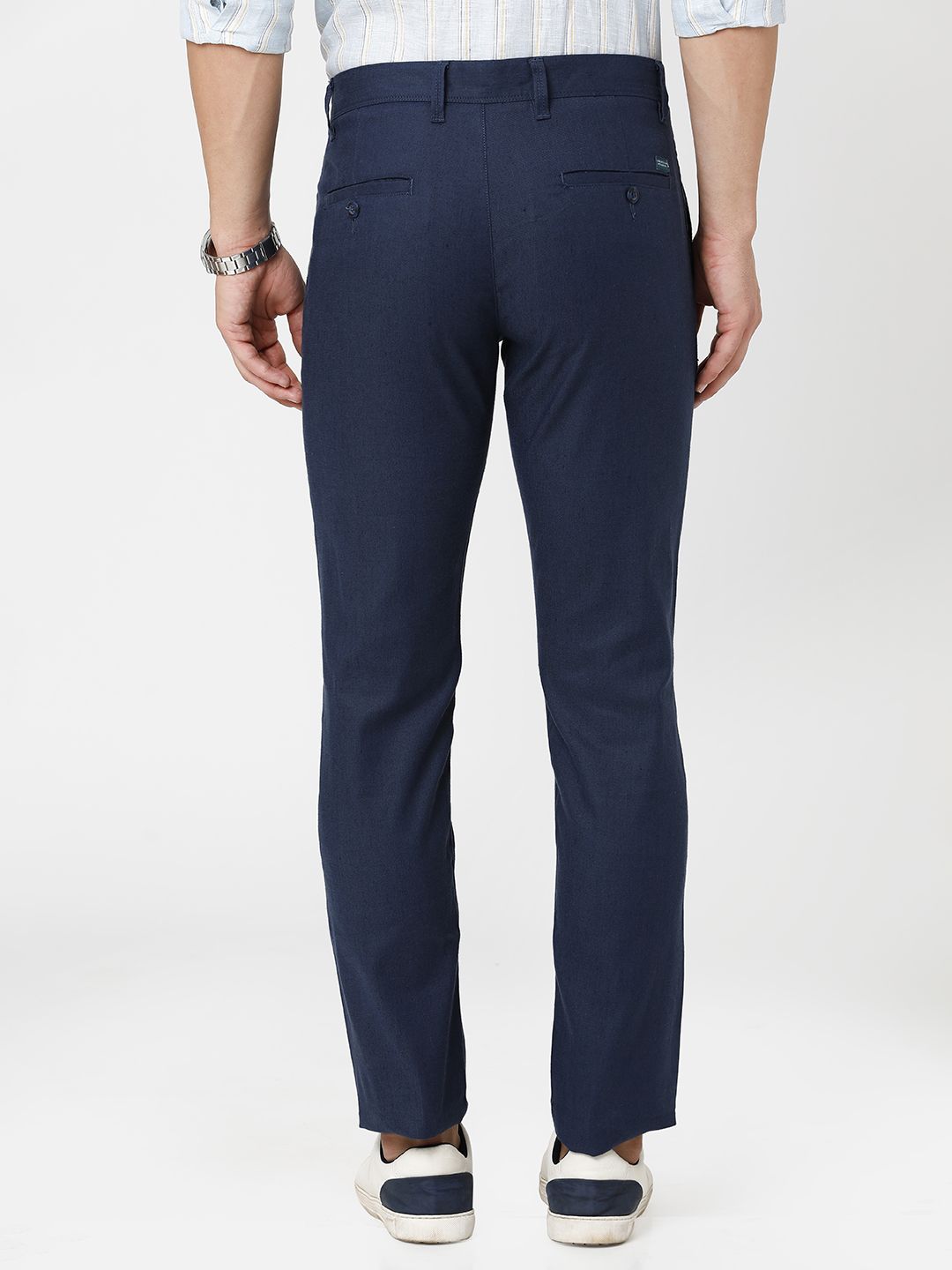 Linen Club Studio Men's Linen Blue Solid Mid-Rise Slim Fit Trouser