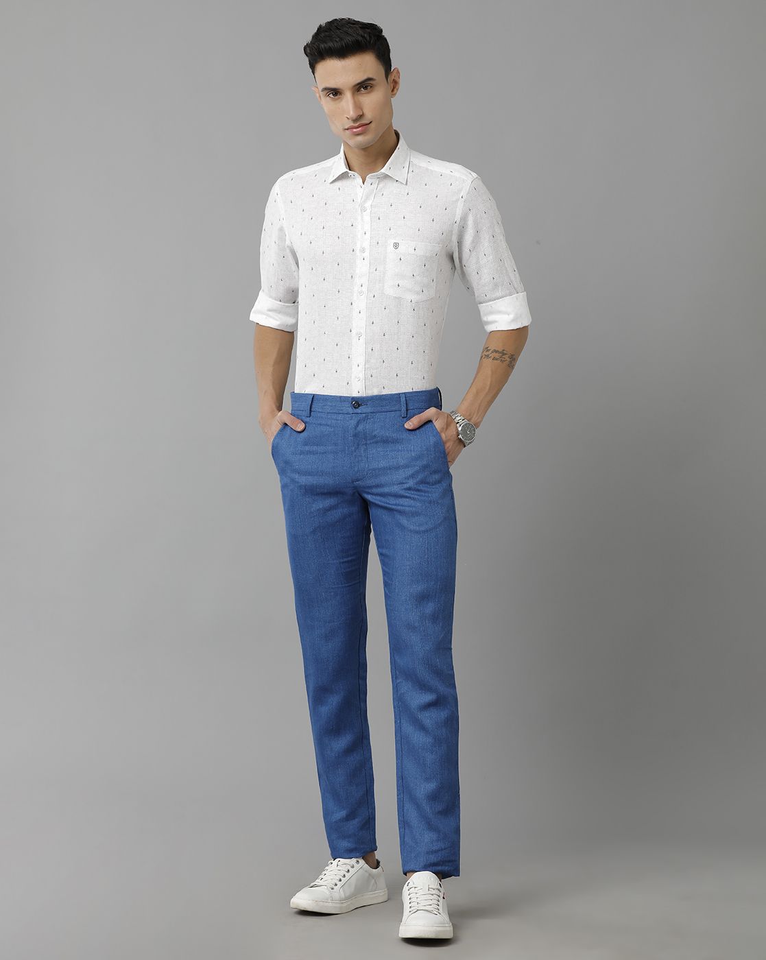 Linen Club Studio Men's Linen Blue Solid Mid-Rise Slim Fit Trouser