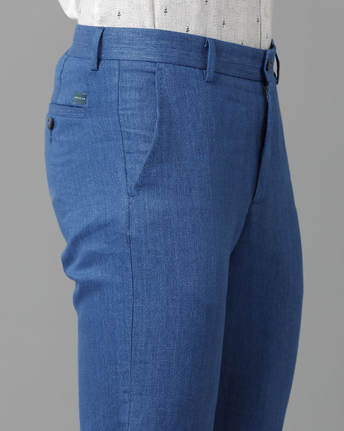 Linen Club Studio Men's Linen Blue Solid Mid-Rise Slim Fit Trouser