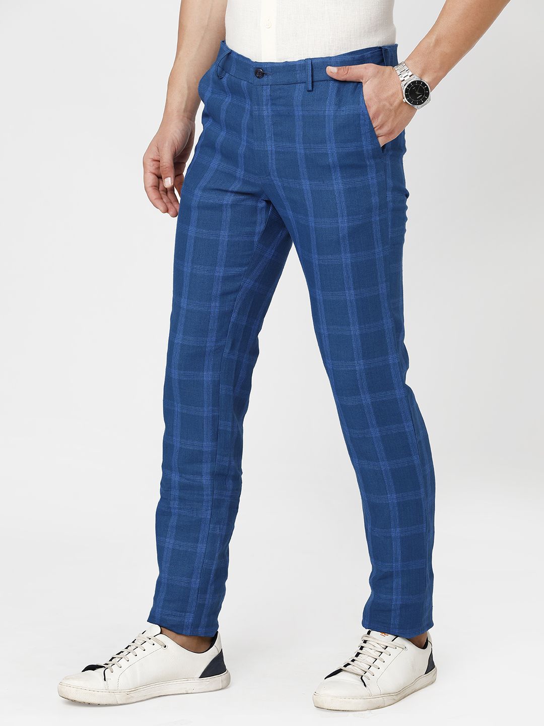 Linen Club Studio Men's Linen Blue Checks Mid-Rise Slim Fit Trouser