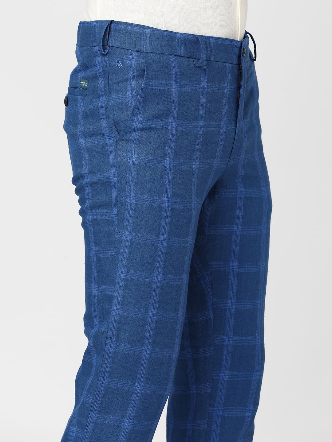 Linen Club Studio Men's Linen Blue Checks Mid-Rise Slim Fit Trouser