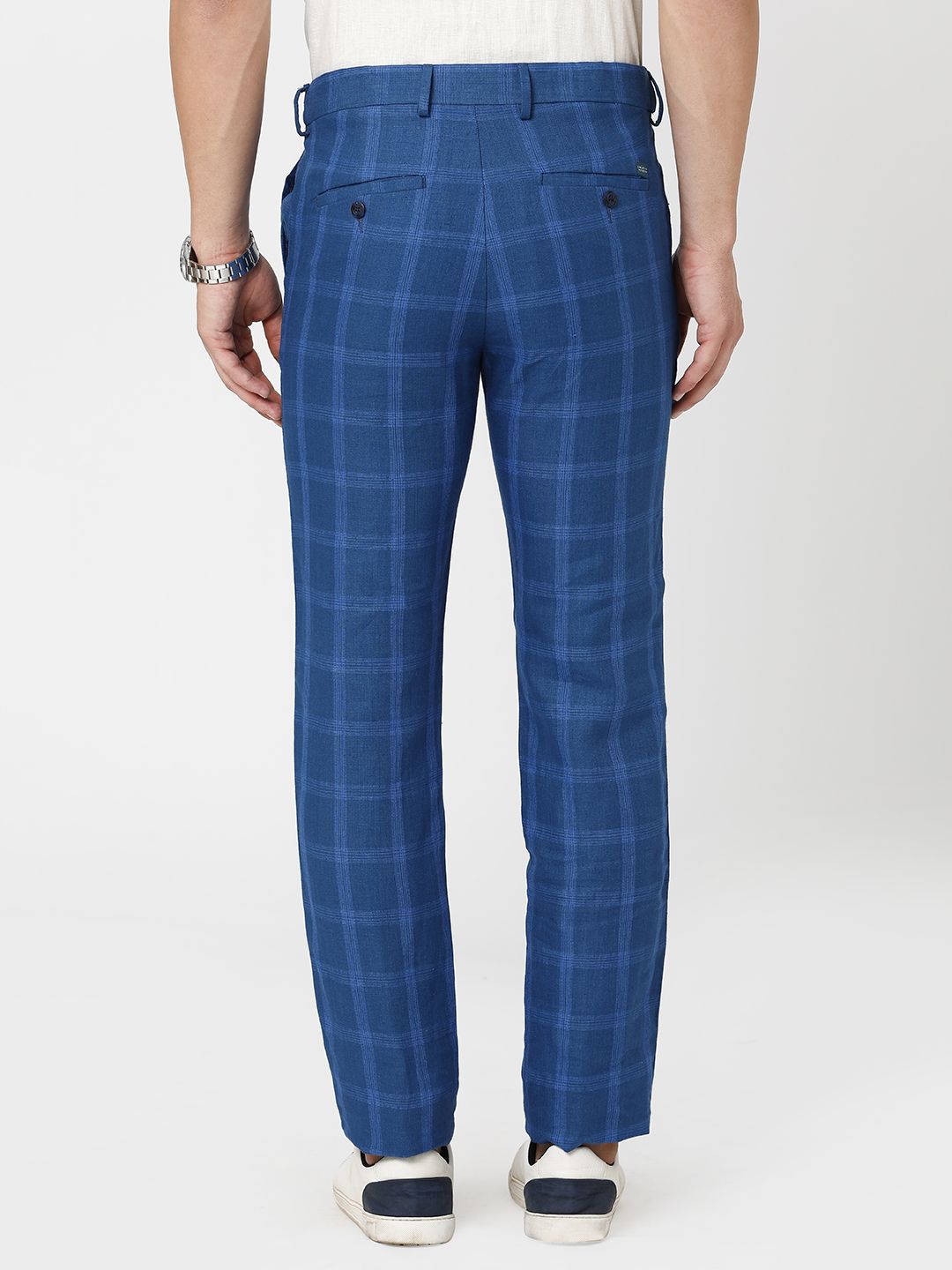 Linen Club Studio Men's Linen Blue Checks Mid-Rise Slim Fit Trouser