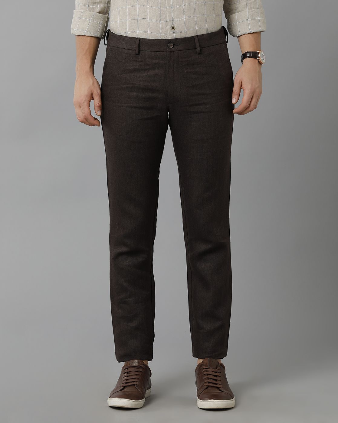 Linen Club Studio Men's Linen Brown Solid Mid-Rise Slim Fit Trouser