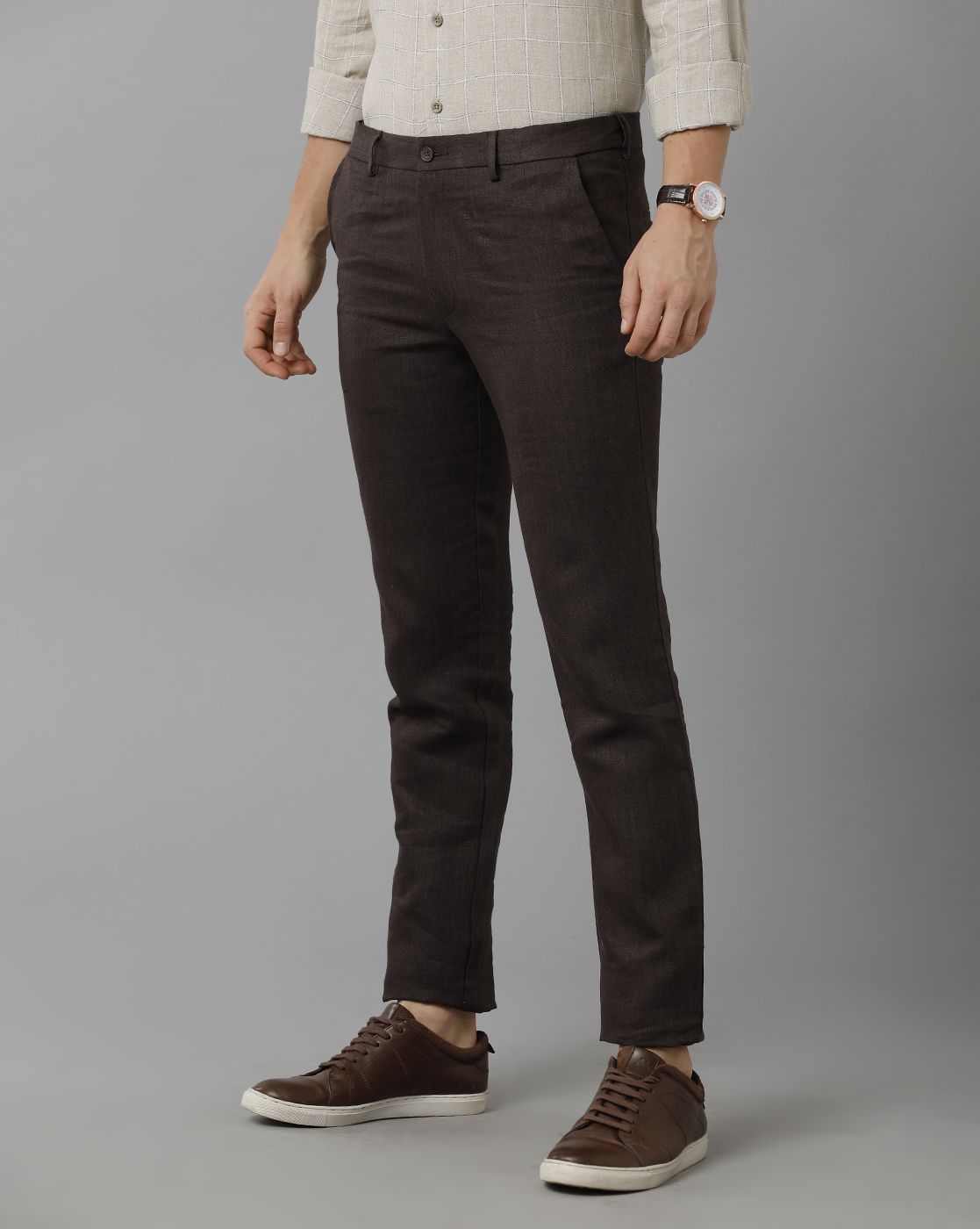 Linen Club Studio Men's Linen Brown Solid Mid-Rise Slim Fit Trouser