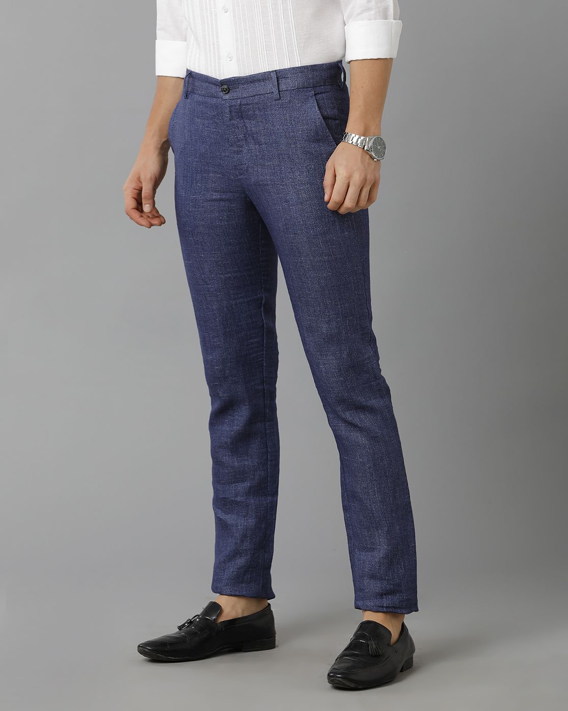 Linen Club Studio Men's Linen Blue Solid Mid-Rise Slim Fit Trouser