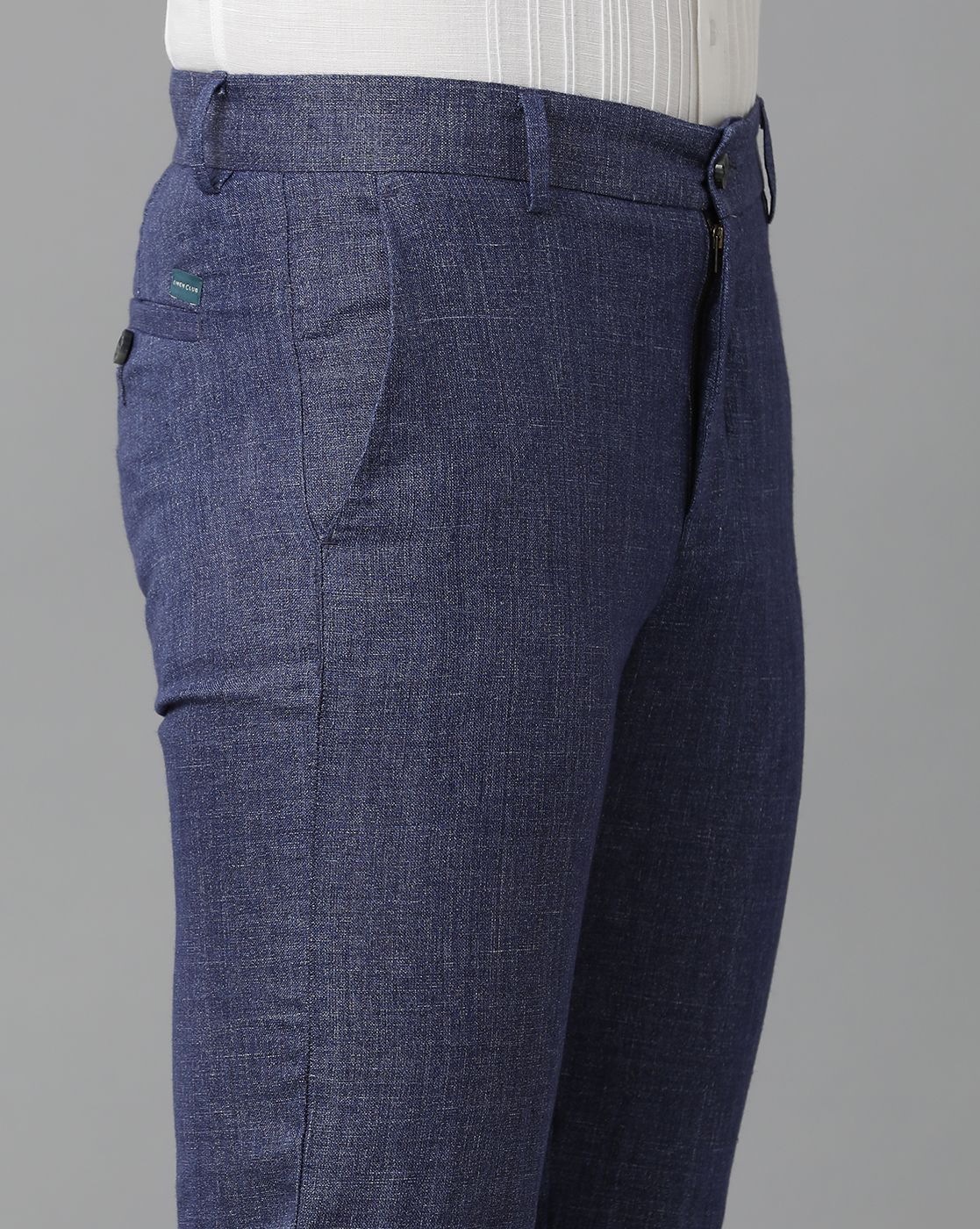 Linen Club Studio Men's Linen Blue Solid Mid-Rise Slim Fit Trouser