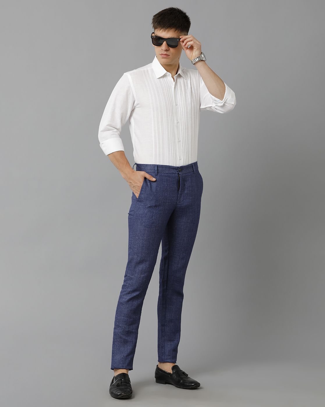 Linen Club Studio Men's Linen Blue Solid Mid-Rise Slim Fit Trouser