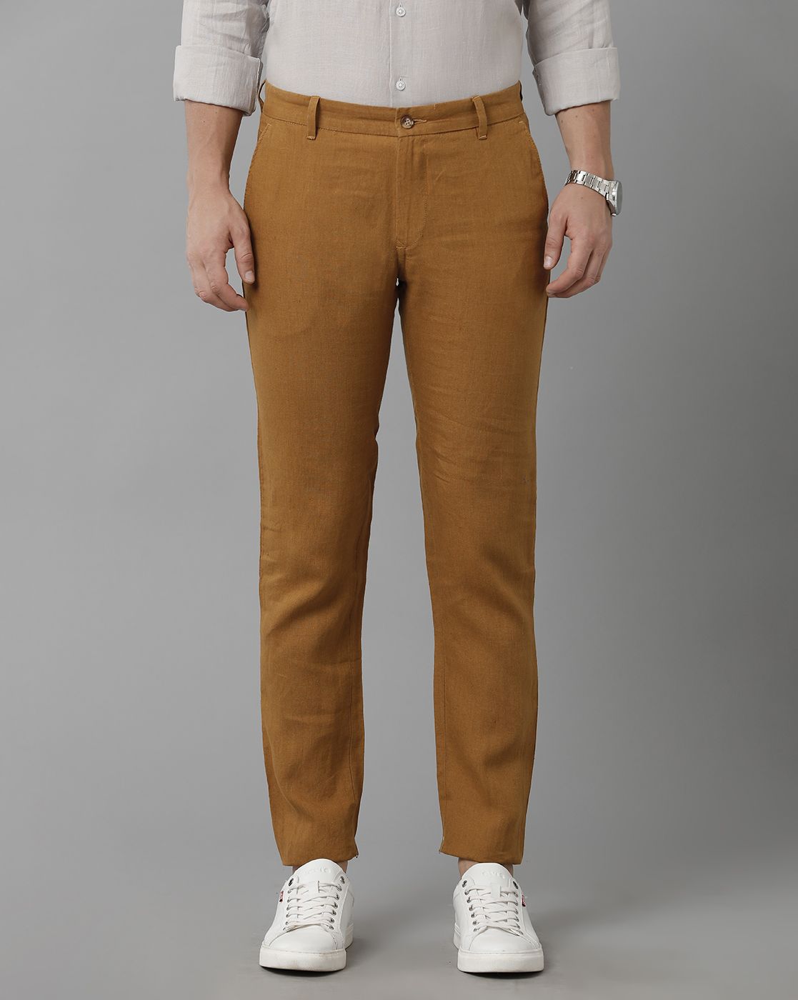 Linen Club Studio Men's Linen Brown Solid Mid-Rise Slim Fit Trouser