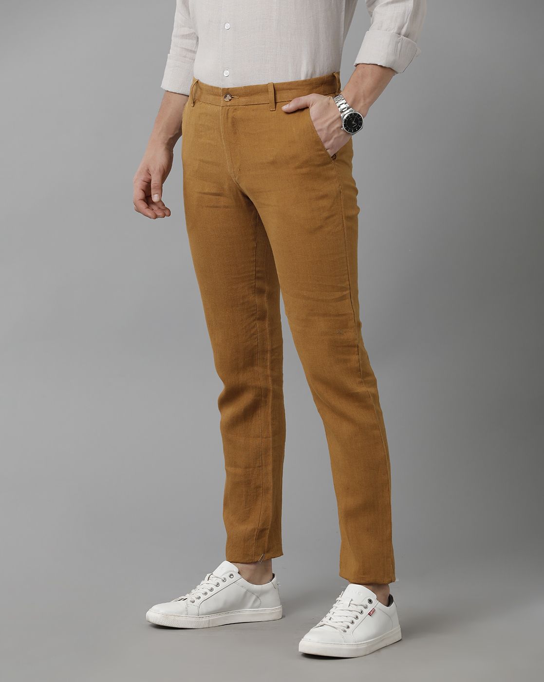 Linen Club Studio Men's Linen Brown Solid Mid-Rise Slim Fit Trouser