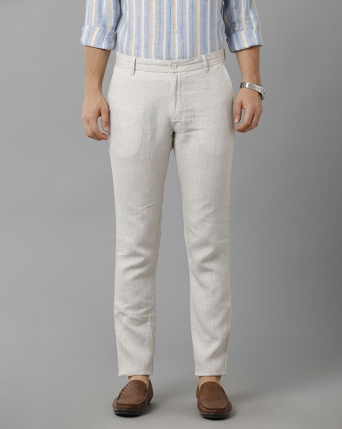 Linen Club Studio Men's Linen Off White Solid Mid-Rise Slim Fit Trouser