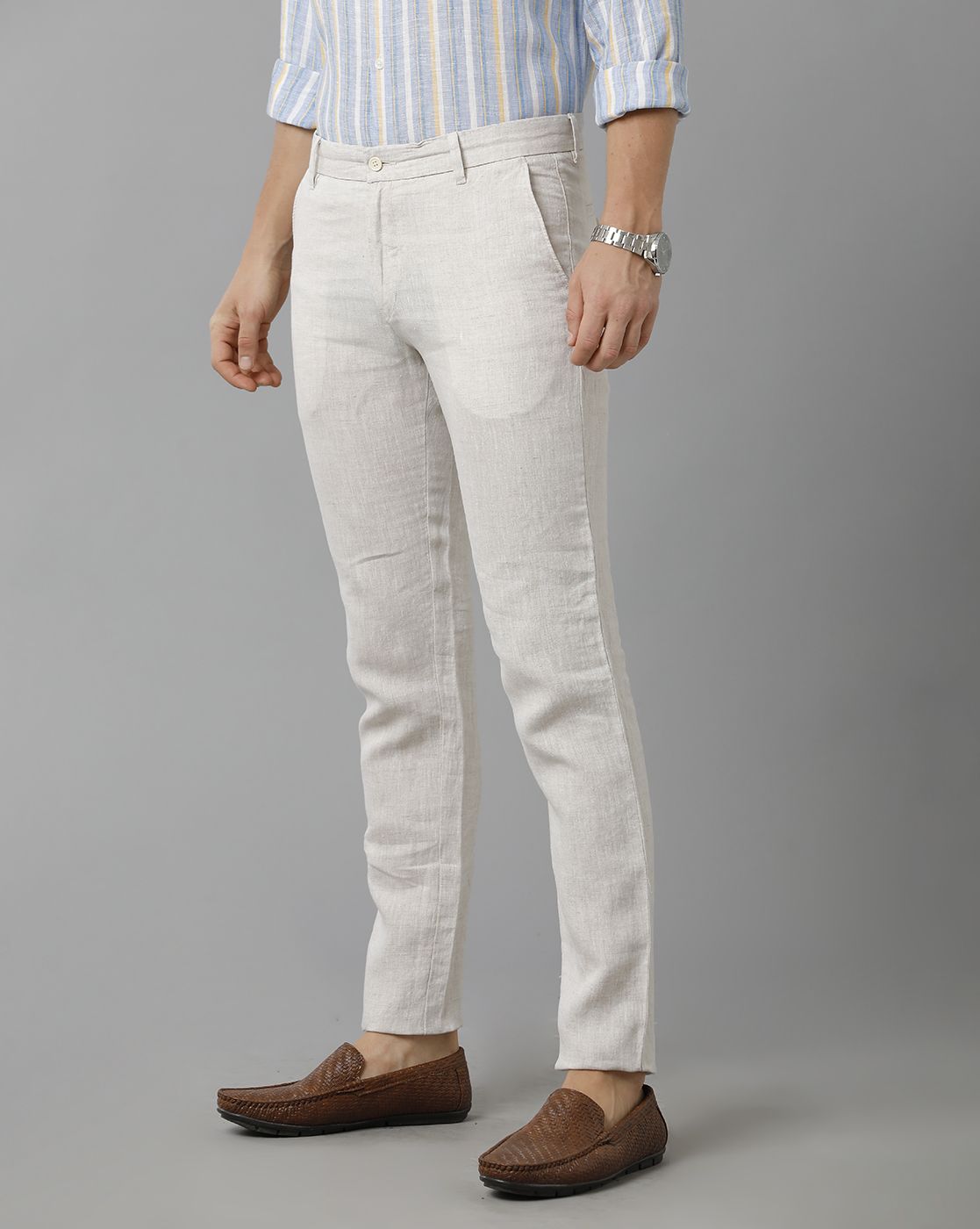 Linen Club Studio Men's Linen Off White Solid Mid-Rise Slim Fit Trouser