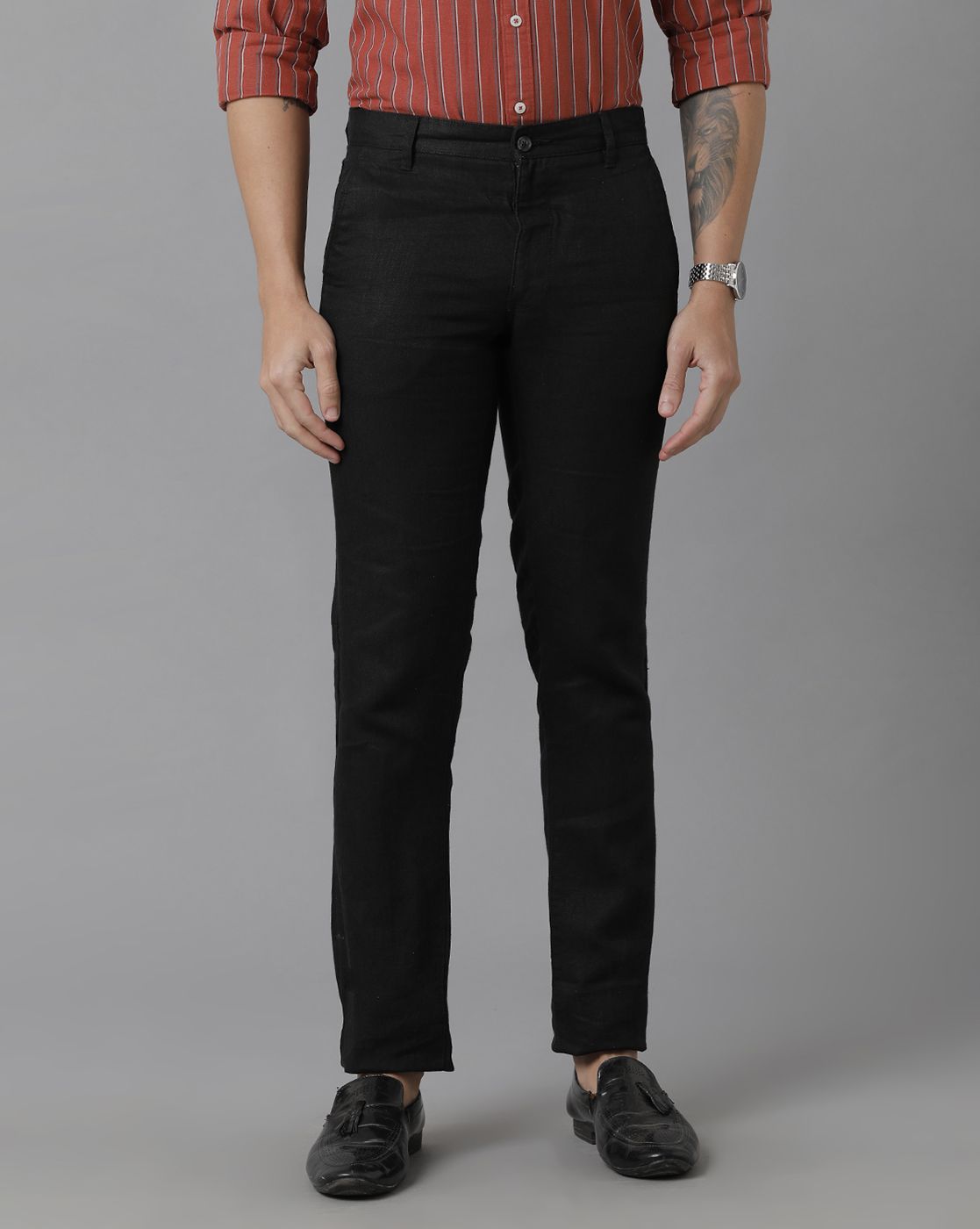 Linen Club Studio Men's Linen Black Solid Mid-Rise Slim Fit Trouser