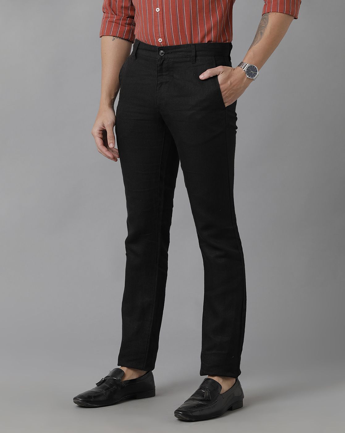 Linen Club Studio Men's Linen Black Solid Mid-Rise Slim Fit Trouser