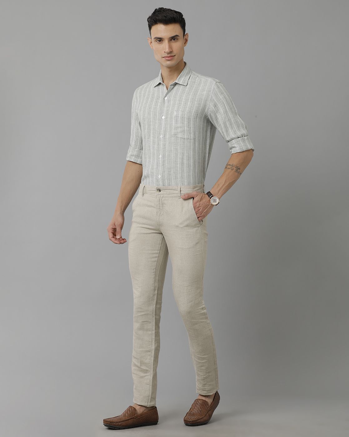 Linen Club Studio Men's Linen Beige Solid Mid-Rise Slim Fit Trouser