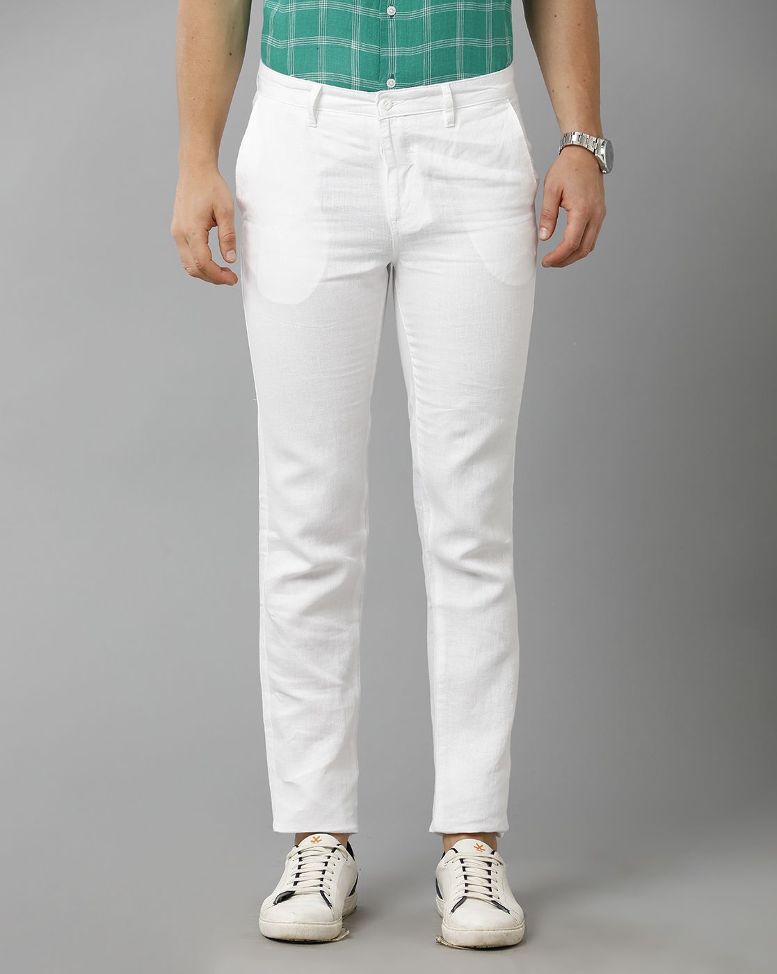 Linen Club Studio Men's Linen White Solid Mid-Rise Slim Fit Trouser