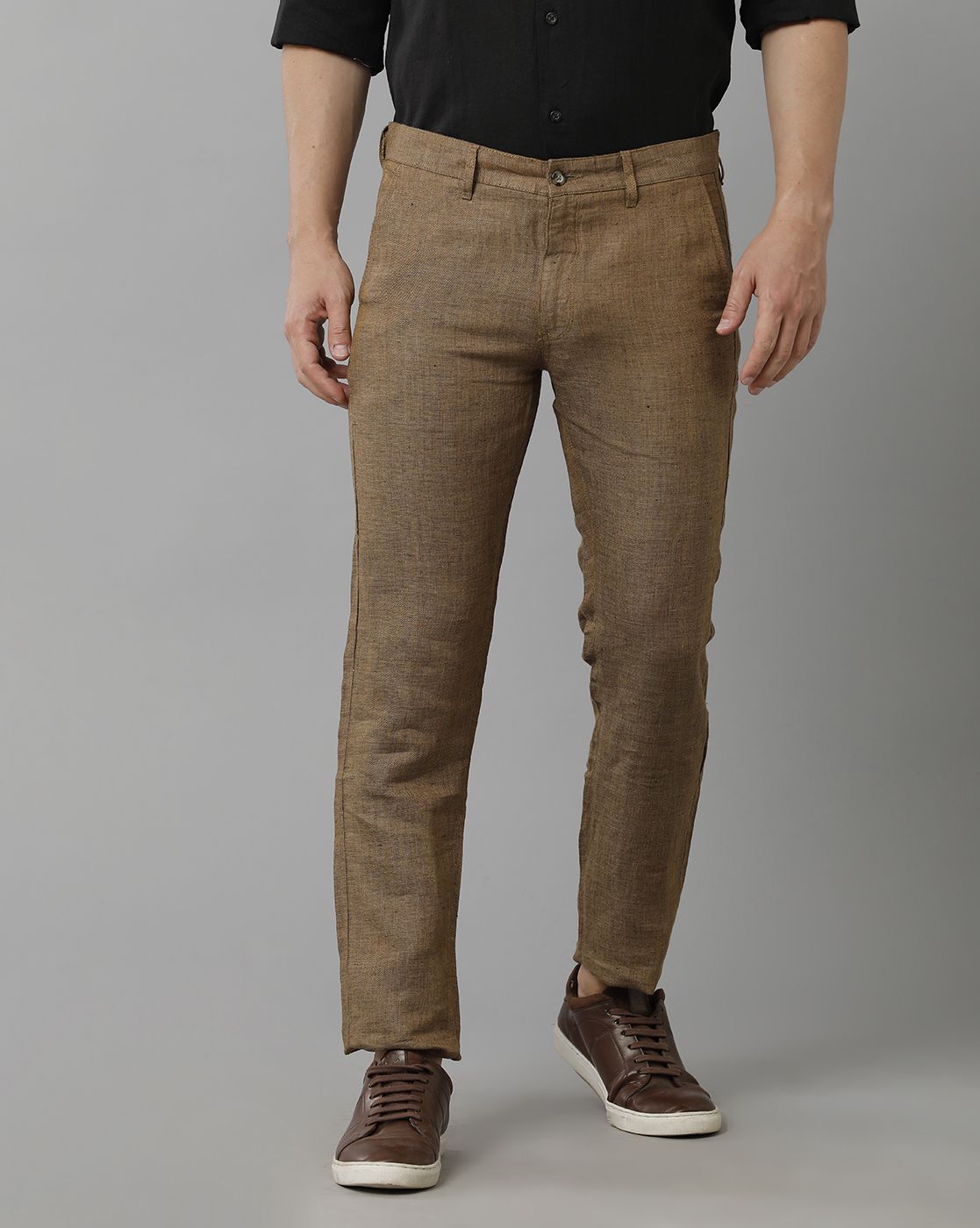 Linen Club Studio Men's Linen Brown Solid Mid-Rise Slim Fit Trouser