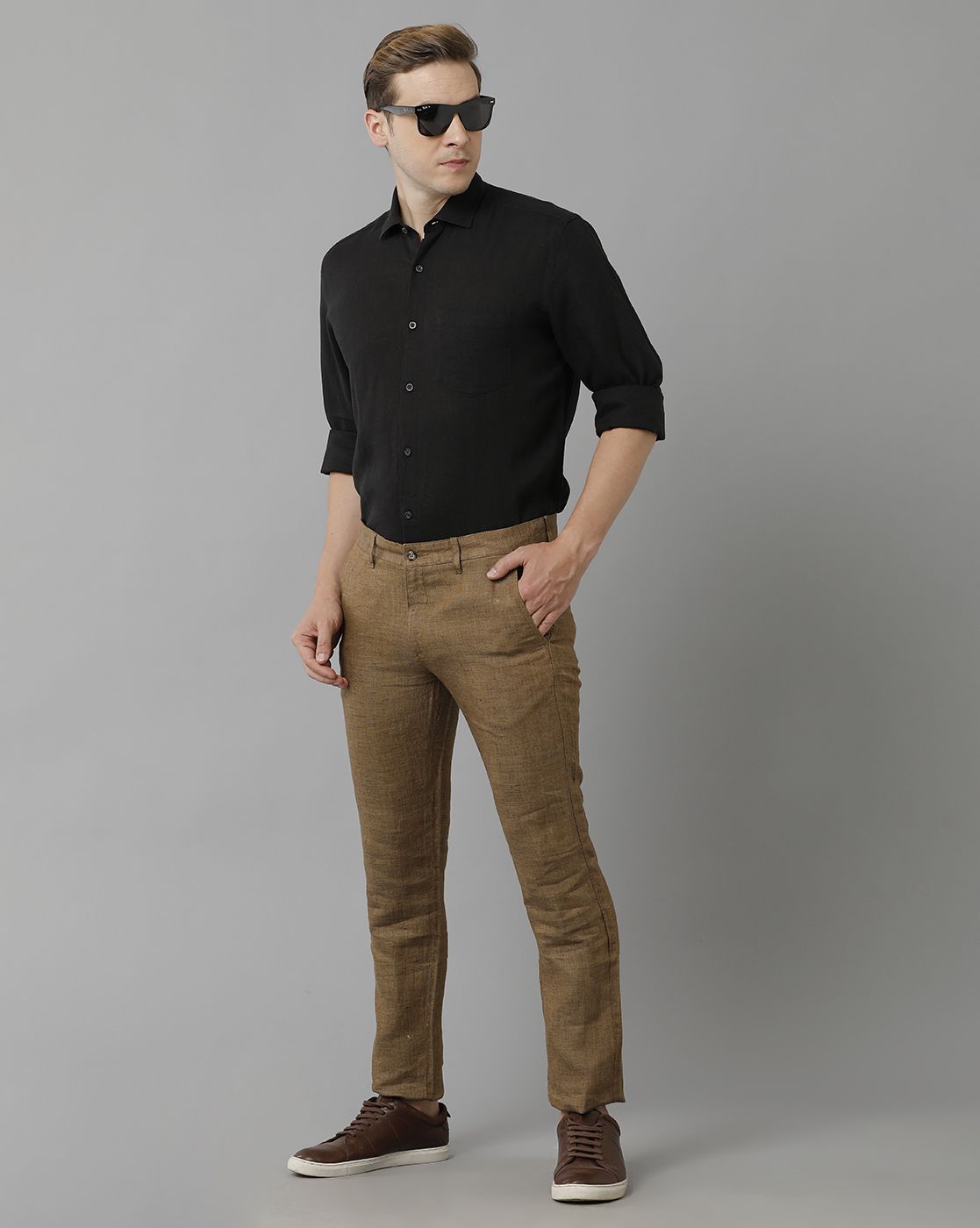 Linen Club Studio Men's Linen Brown Solid Mid-Rise Slim Fit Trouser