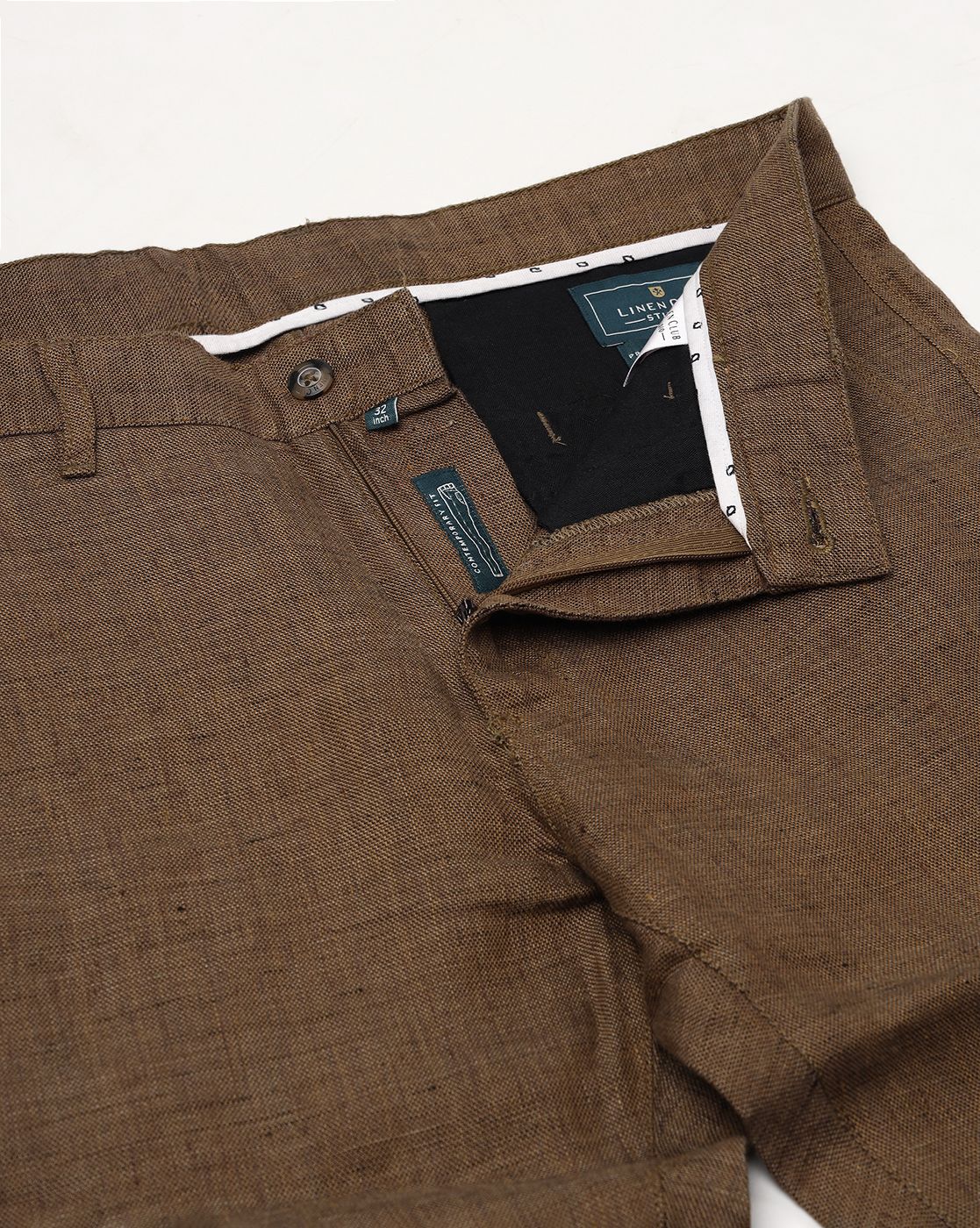 Linen Club Studio Men's Linen Brown Solid Mid-Rise Slim Fit Trouser