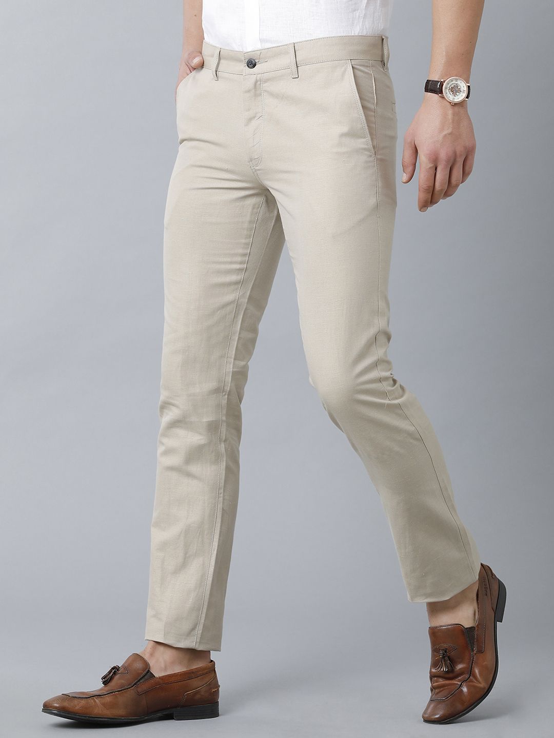 Mens Linen Beige Solid Contemporary Fit Casual Trousers