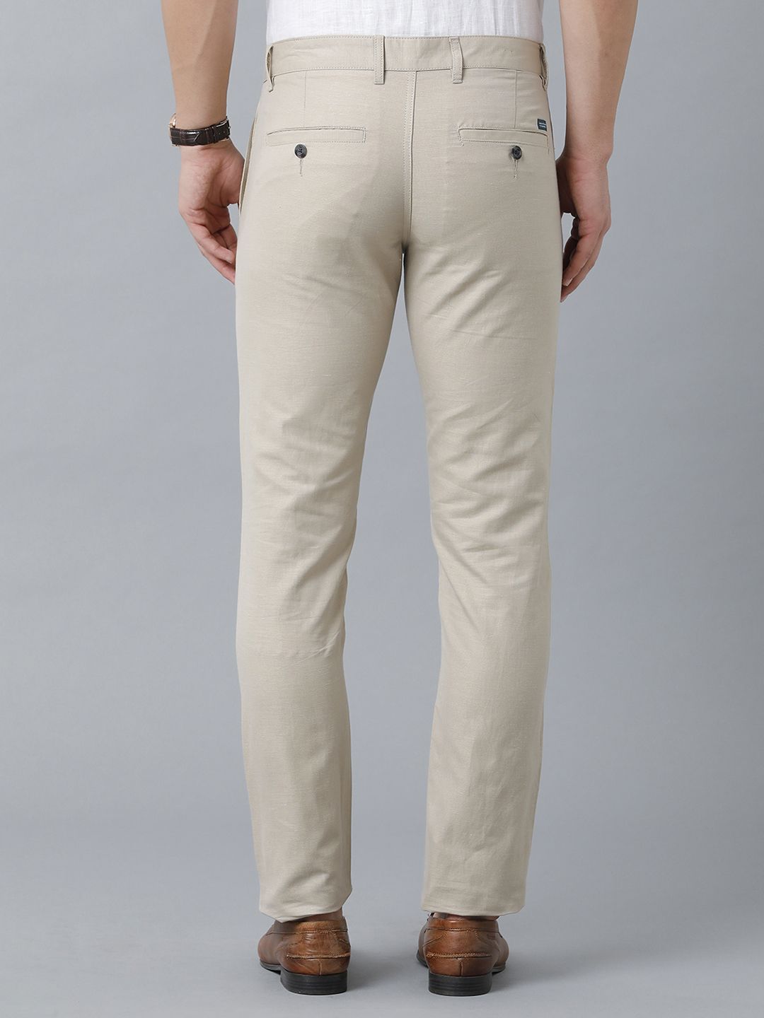 Mens Linen Beige Solid Contemporary Fit Casual Trousers