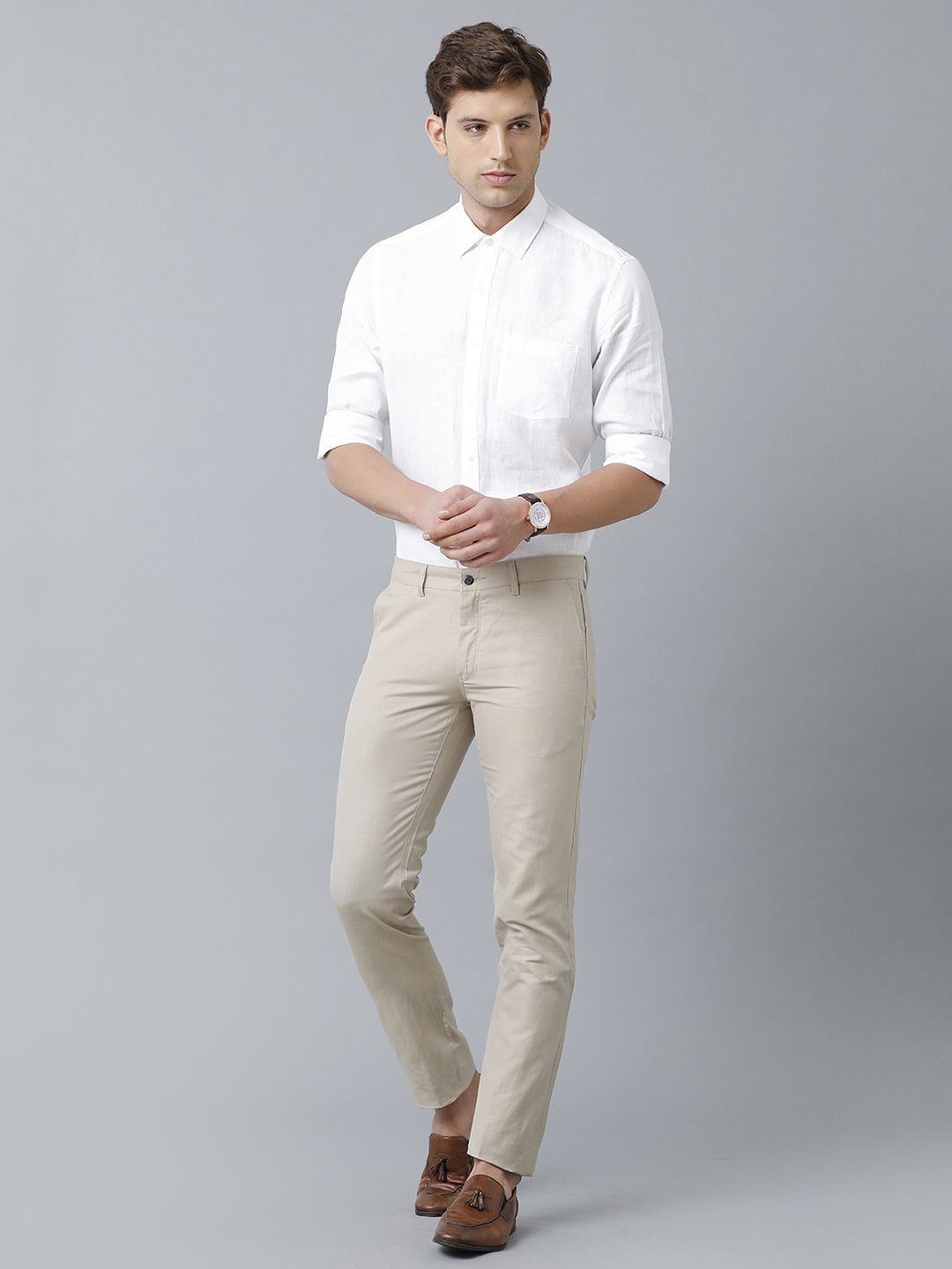 Mens Linen Beige Solid Contemporary Fit Casual Trousers