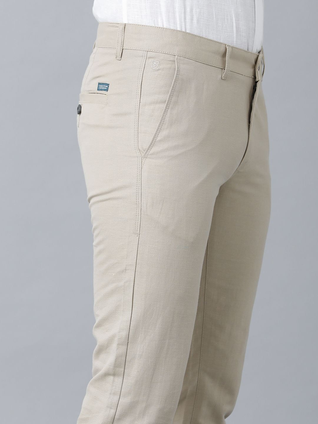 Mens Linen Beige Solid Contemporary Fit Casual Trousers