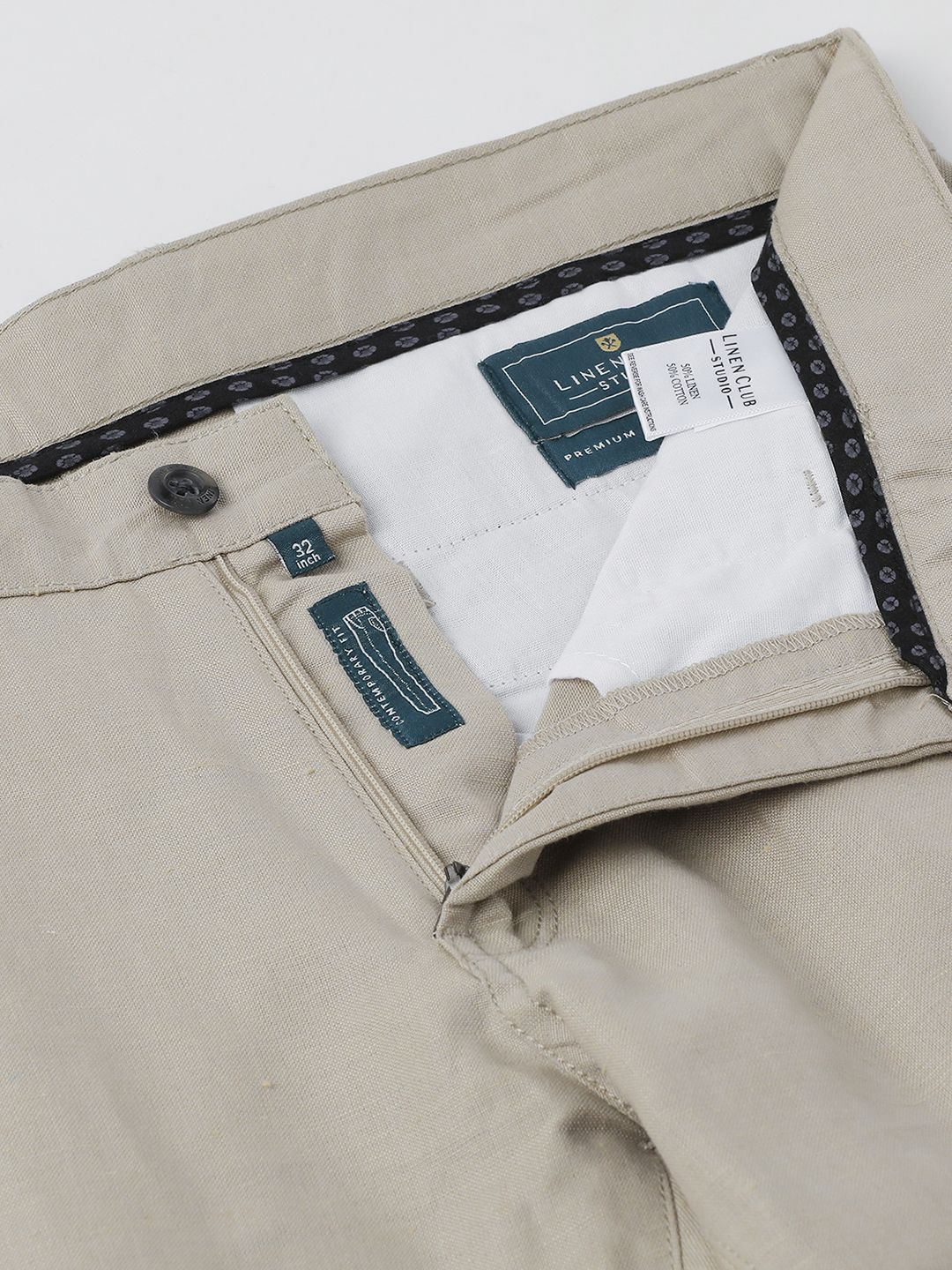 Mens Linen Beige Solid Contemporary Fit Casual Trousers