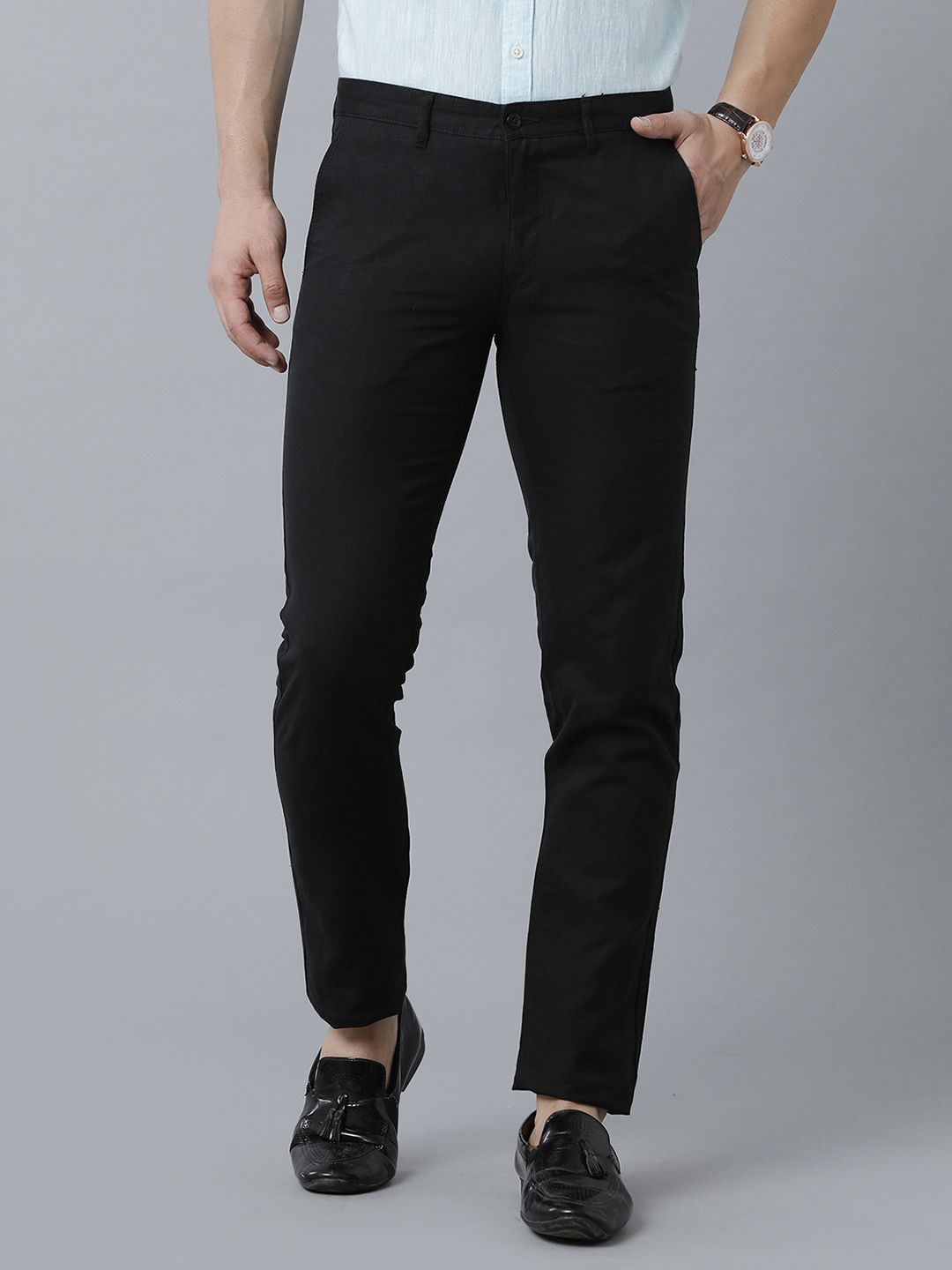 Linen Club Studio Men's Linen Black Solid Mid-Rise Slim Fit Trouser