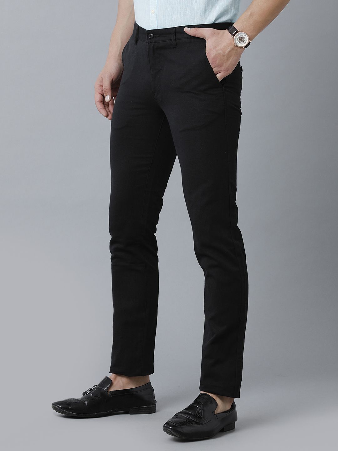 Linen Club Studio Men's Linen Black Solid Mid-Rise Slim Fit Trouser