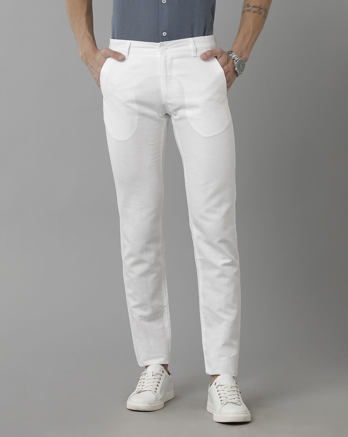 Linen Club Studio Men's Linen White Solid Mid-Rise Slim Fit Trouser