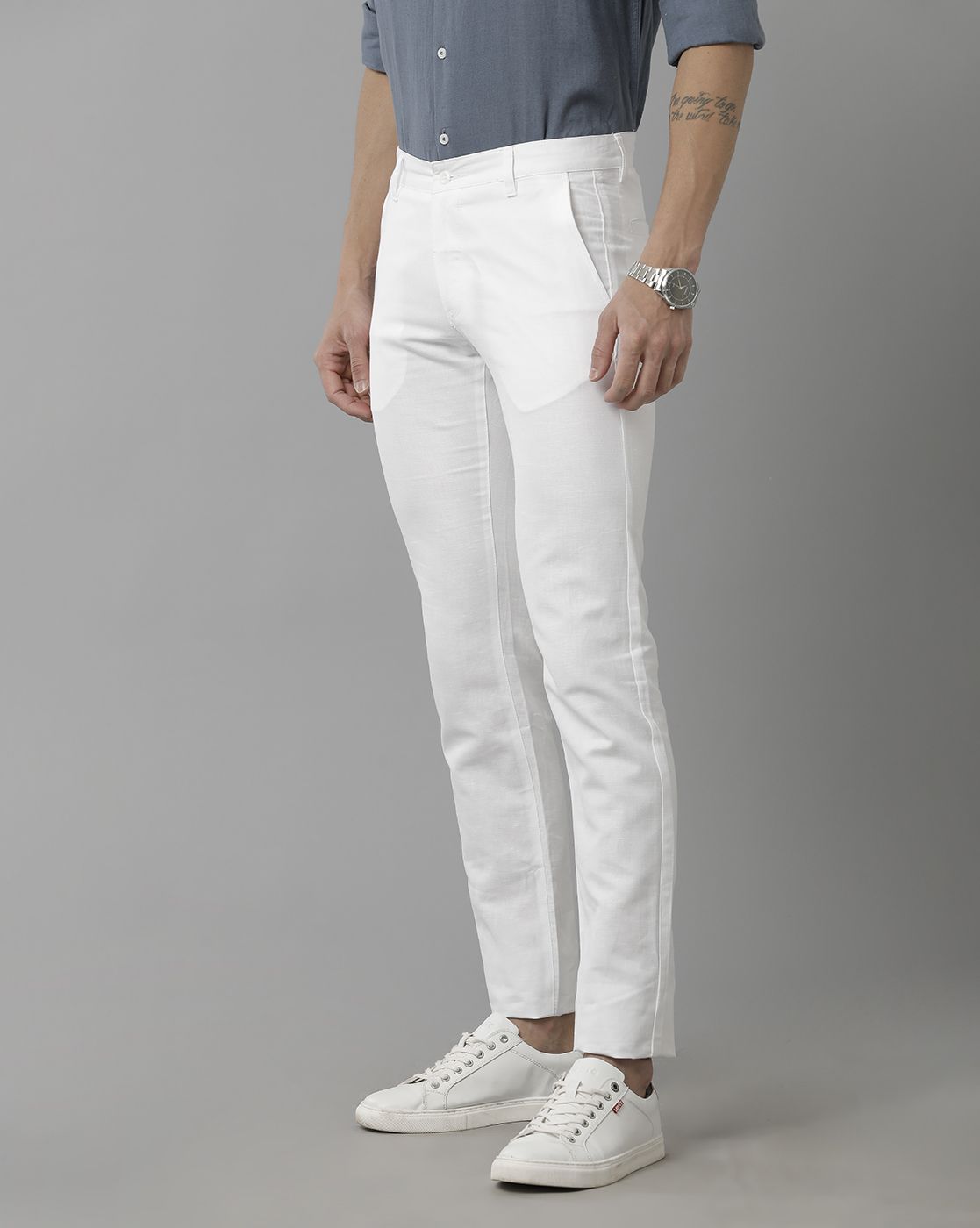 Linen Club Studio Men's Linen White Solid Mid-Rise Slim Fit Trouser