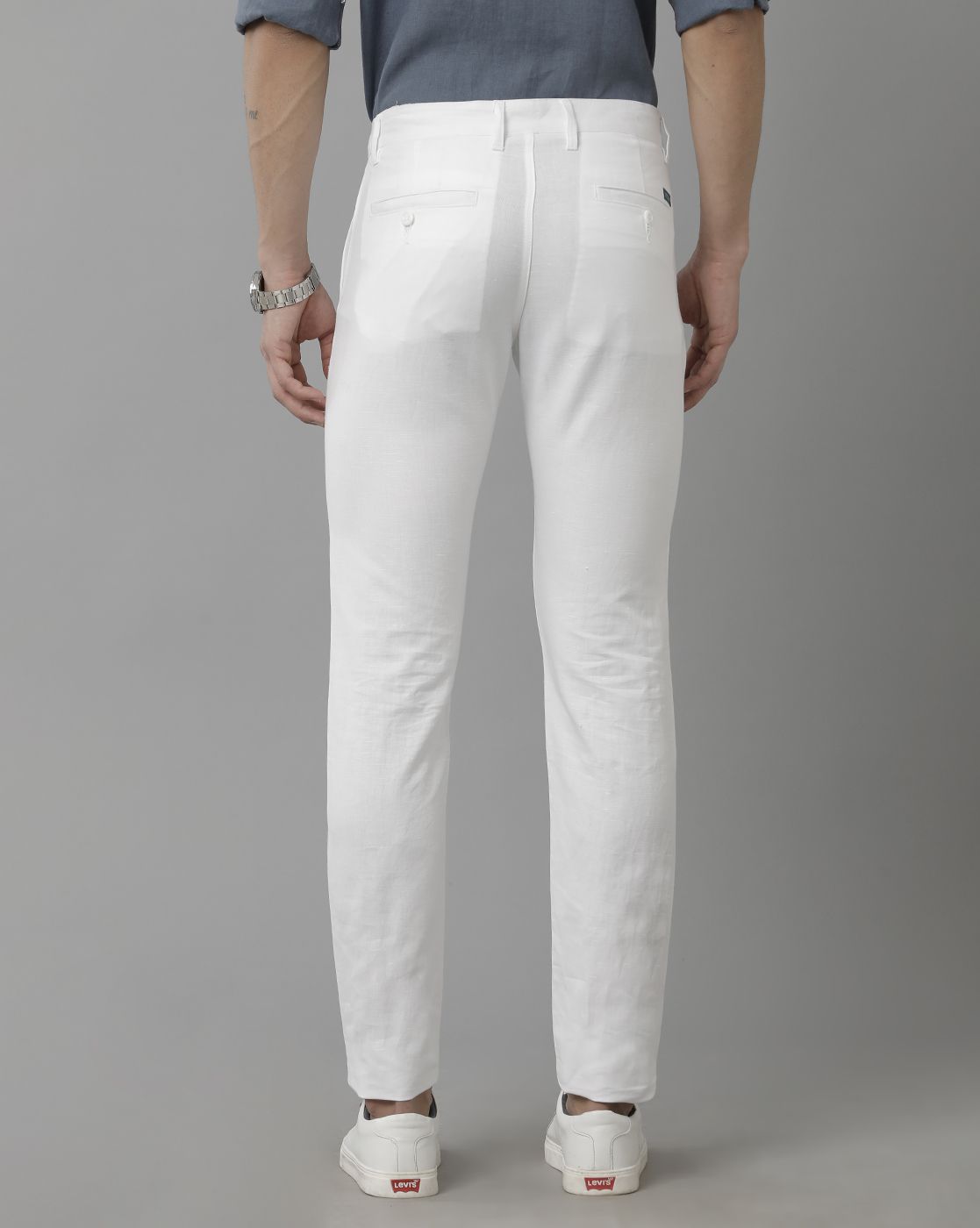 Linen Club Studio Men's Linen White Solid Mid-Rise Slim Fit Trouser